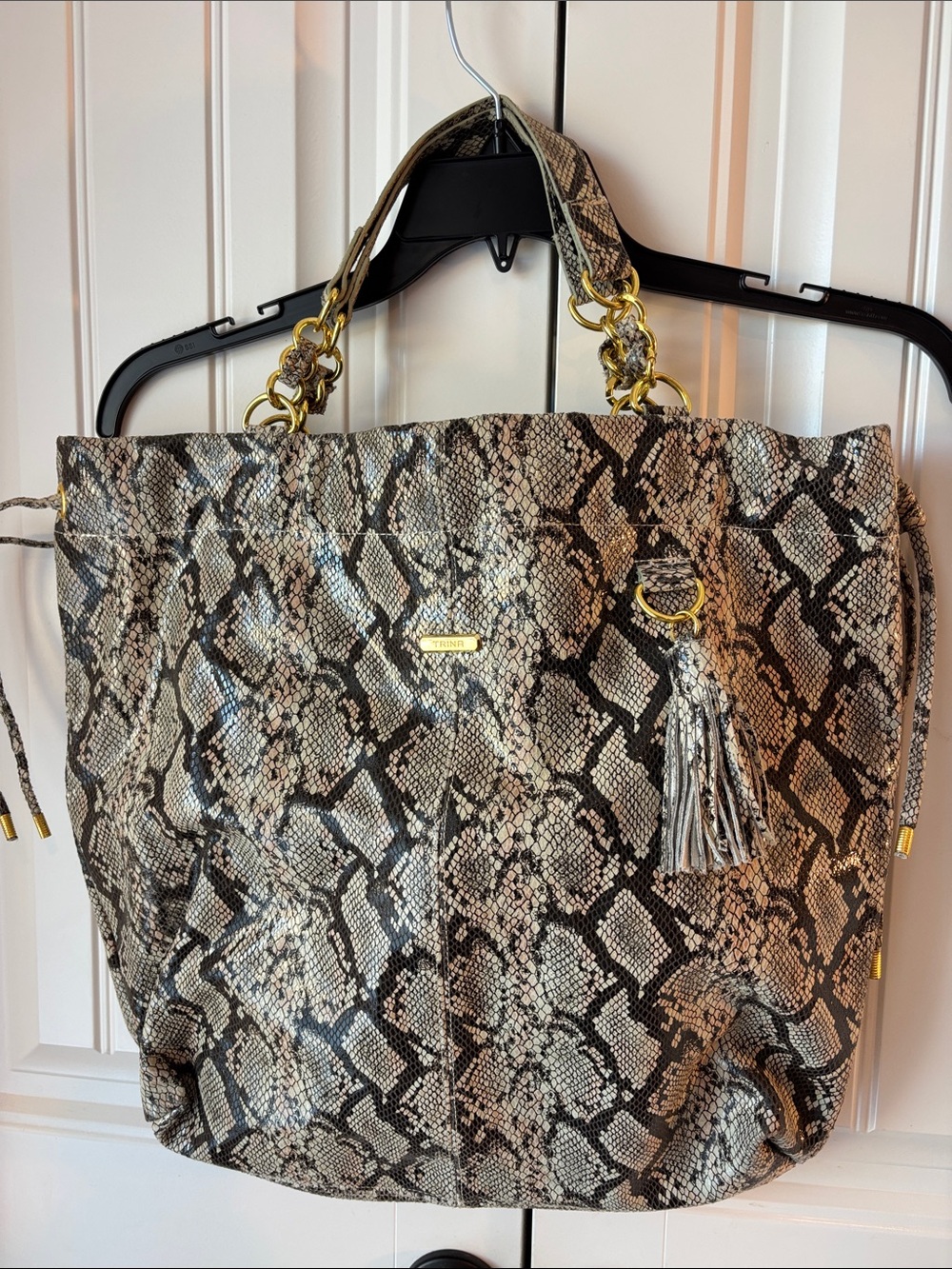 TRINA Leather Snake Print Tote Bag with Tassel - Neutral Brown